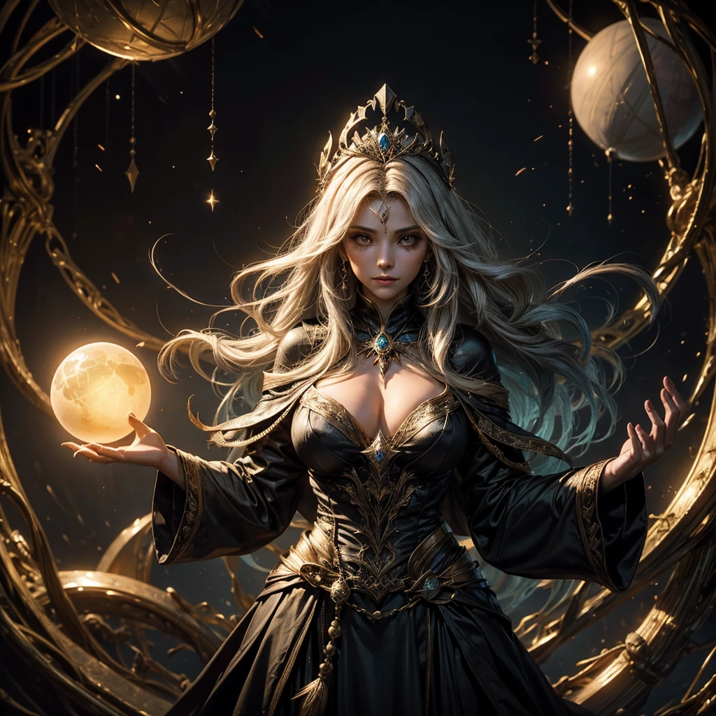 A mysterious sorceress is casting a spell, in the center of her chest there is a luminous sphere, the sorceress' hands are around the sphere, behind her we can glimpse some floating spirits