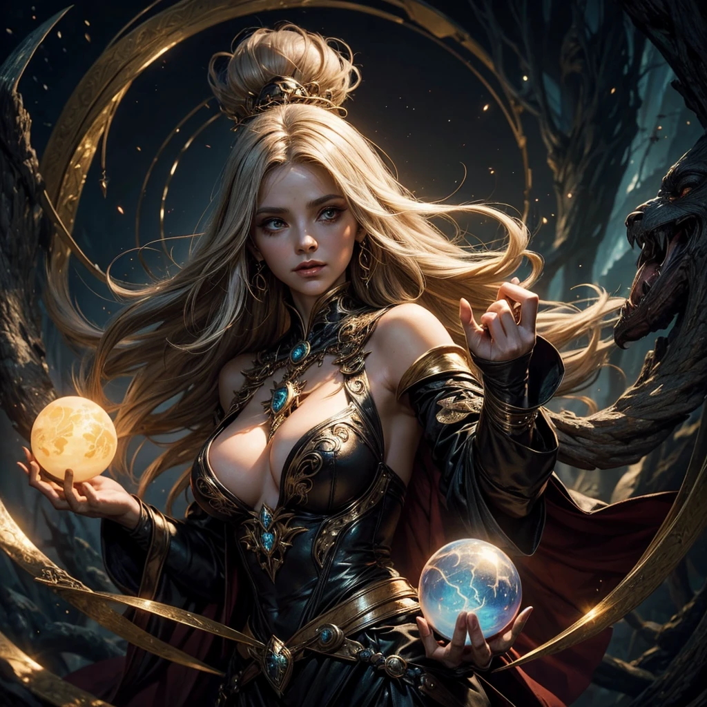 A mysterious sorceress is casting a spell, in the center of her chest there is a luminous sphere, the sorceress' hands are around the sphere, behind her we can glimpse some floating spirits