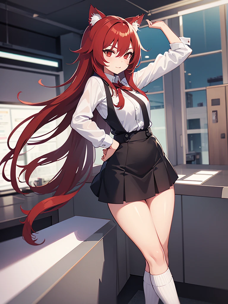 1girl ,The twenties,Sexy face,White shirt,Short black skirt,Long socks,Mediation ,Red poetry,long hair,Red eyes,Cat ears,Standing,classroom, arousing