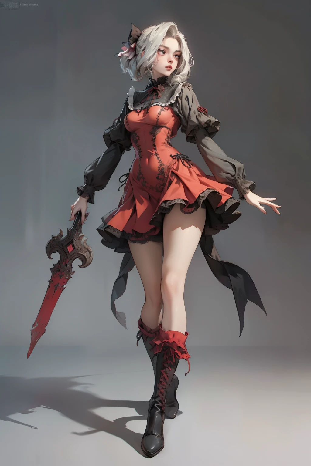 ((best quality)), ((masterpiece)), (detailed), blank white background, plain background, white background, red and white clothing, Bloodborne inspired, occult aesthetic, occult, detailed and intricate steampunk and detailed gothic, NSFW, Very dramatic and cinematic lighting, cosmic horror, grim-dark, side-lighting, perfect face, NSFW, Fluttering lace flared long knee length dress with frilly petticoats, knee length dress, pleated petticoats, ta dress, petticoats gothic lolicomplex lace boots, side-lighting, gothic lolita aetic, wielding a mighty sword with mechanical components, carbine, NSFW, beautiful small breasts, small breasts, full body, whole body, body, plain background, white background, blank background, no background, white background NSFW, full body, whole body, head-to-toe NSFW