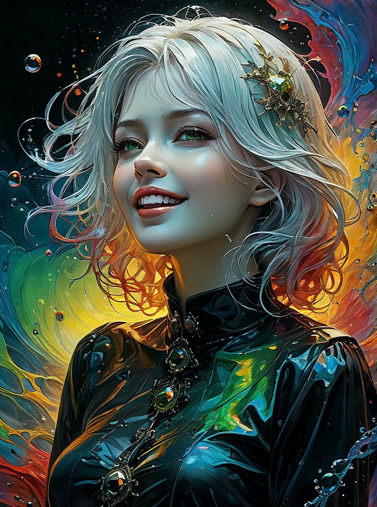 a Girl, laughing, Colorful colors, surrounded by water bubbles, in the style of Kawacy, Masterpiece, Oil painting drawn in anime style, head close - up, exaggerated perspective, Tyndall effect, water drops, mother - of - pearl iridescence, Holographic white, chess queen outfit, anime girl, girl with a pretty face, white gold hair, green eyes, goth girl, ((sexy school uniform)), wearing a stylish very sexy , with a funny expression on her face, Hellwalker, incombing death, black bloody veins growing and intertwining out of the darkness, oozing thick yellow blood, veins growing and pumping blood, (chubby female body:0.8), vascular networks growing, connecting, explanding, red veins everywhere, zdzislaw beksinski, (sharp colors:1.3), (rainbow skin:1.1), (Infrared:1.2), ultra detailed, intricate, ((dry brush, ultra sharp)), (surrealism:1.4), (disturbing:1.5), beksinski style painting, satanic symbols, (full torso), full body in frame, centered body, kawaii, realistic, ((intricate details)), (pale gothic evil queen), ibrant, action-packed, detailed character design, reminiscent of fighting video games, black bloody veins growing and intertwining out of the darkness, oozing thick neon rainbow blood, veins growing and pumping blood, vascular networks growing, connecting, explanding, red veins everywhere, zdzislaw beksinski, (vibrant colors:1.1), dynamic pose, perfect face, (realistic eyes), perfect eyes, ((dark gothic background)), sharp focus