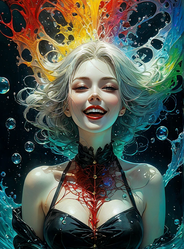 a Girl, laughing, Colorful colors, surrounded by water bubbles, in the style of Kawacy, Masterpiece, Oil painting drawn in anime style, head close - up, exaggerated perspective, Tyndall effect, water drops, mother - of - pearl iridescence, Holographic white, chess queen outfit, anime girl, girl with a pretty face, white gold hair, green eyes, goth girl, ((sexy school uniform)), wearing a stylish very sexy , with a funny expression on her face, Hellwalker, incombing death, black bloody veins growing and intertwining out of the darkness, oozing thick yellow blood, veins growing and pumping blood, (chubby female body:0.8), vascular networks growing, connecting, explanding, red veins everywhere, zdzislaw beksinski, (sharp colors:1.3), (rainbow skin:1.1), (Infrared:1.2), ultra detailed, intricate, ((dry brush, ultra sharp)), (surrealism:1.4), (disturbing:1.5), beksinski style painting, satanic symbols, (full torso), full body in frame, centered body, kawaii, realistic, ((intricate details)), (pale gothic evil queen), ibrant, action-packed, detailed character design, reminiscent of fighting video games, black bloody veins growing and intertwining out of the darkness, oozing thick neon rainbow blood, veins growing and pumping blood, vascular networks growing, connecting, explanding, red veins everywhere, zdzislaw beksinski, (vibrant colors:1.1), dynamic pose, perfect face, (realistic eyes), perfect eyes, ((dark gothic background)), sharp focus