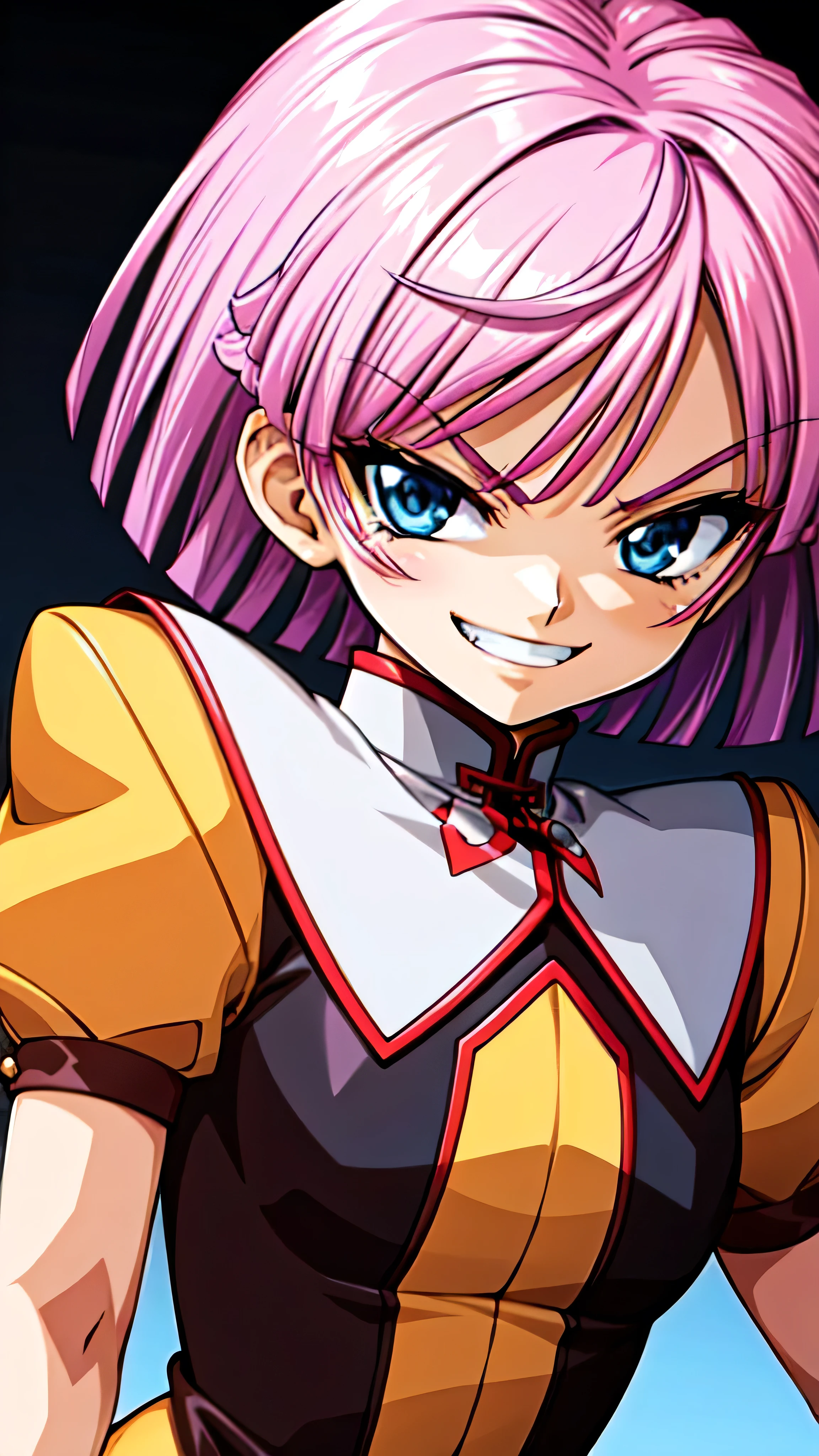 (best_quality 4K, 8K, High resolution, Masterpiece: 1.2), ultra detailed),from_below,(anime_screencap),(1girl,solo),dynamic_angle,too evil_smile,too evil laugh at,tis,deep shaded_face,too sadistic smile,smile worst,,bob short  hair,,,looking at viewer,upper body,black background,too worst smile,too bad smile,too evil smirk,,too sadistic smirk,deep dark face,