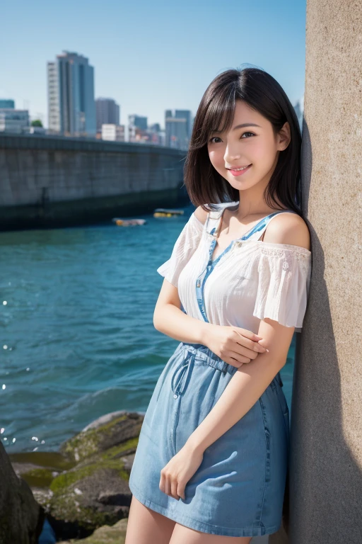 (Highest quality, Ultra-high resolution, 8K, RAW Photos, Ultra-high resolution: 1.2, masterpiece: 1.2), (Realistic, Realistic: 1.37), Super detailed, Professional Lighting, Photon Mapping, Radio City, Physically Based Rendering, Japanese, Girl, With two people, Black Hair, cute, Nice, Adorable, A light smile, Normal chest, looking at the camera, Upper Body, Beautiful and detailed blue sky,Seaside
