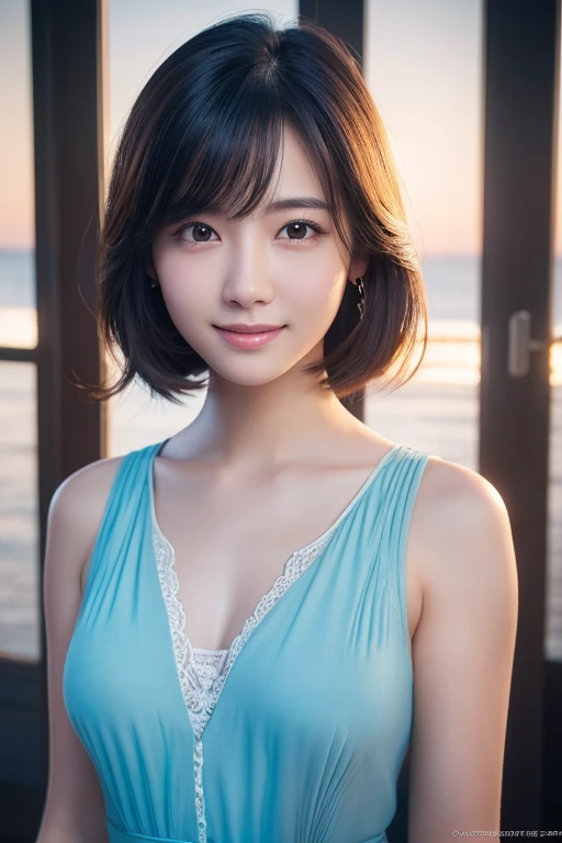 (Highest quality, Ultra-high resolution, 8K, RAW Photos, Ultra-high resolution: 1.2, masterpiece: 1.2), (Realistic, Realistic: 1.37), Super detailed, Professional Lighting, Photon Mapping, Radio City, Physically Based Rendering, Japanese, Girl, With two people, Black Hair, cute, Nice, Adorable, A light smile, Normal , looking at the camera, Upper Body, Beautiful and detailed blue sky,Seaside
