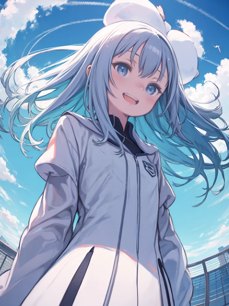 One Girl、Rooftop、Looking up at the blue sky、(((Angle from below)))、Contrail、Hair blowing in the wind、laughing、Fisheye Lens、Flat Color、