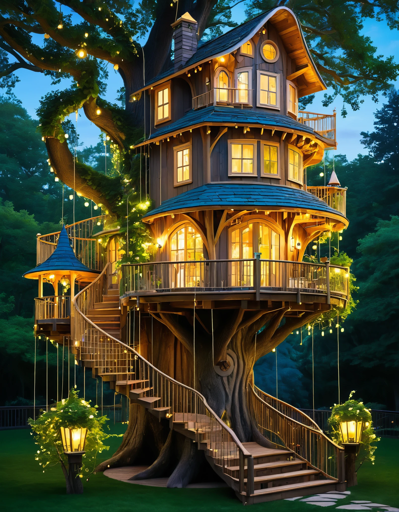 Design a whimsical treehouse with multiple floors and balconies, built into a large tree. Include glowing lanterns and vibrant greenery for a magical effect.