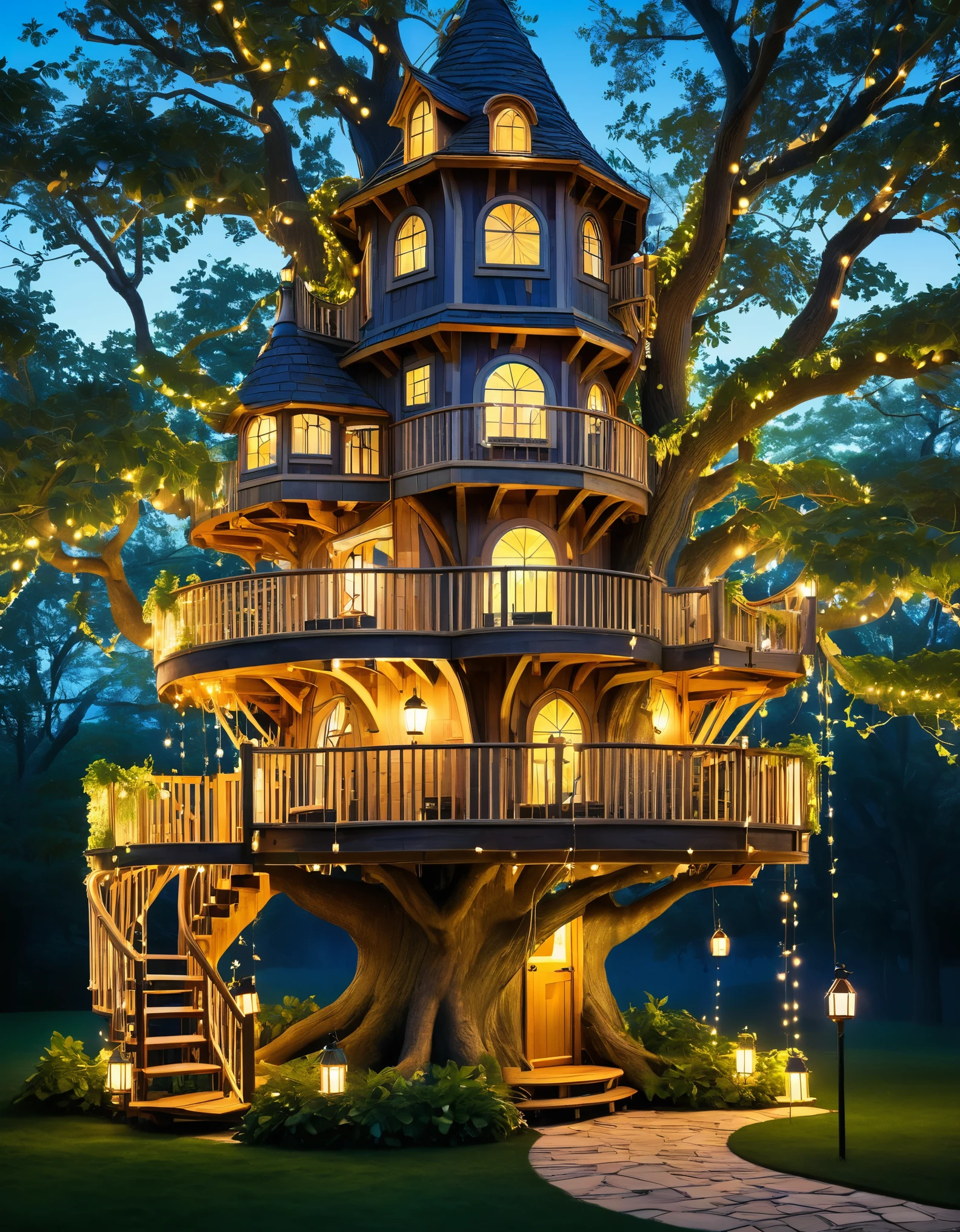Design a whimsical treehouse with multiple floors and balconies, built into a large tree. Include glowing lanterns and vibrant greenery for a magical effect.