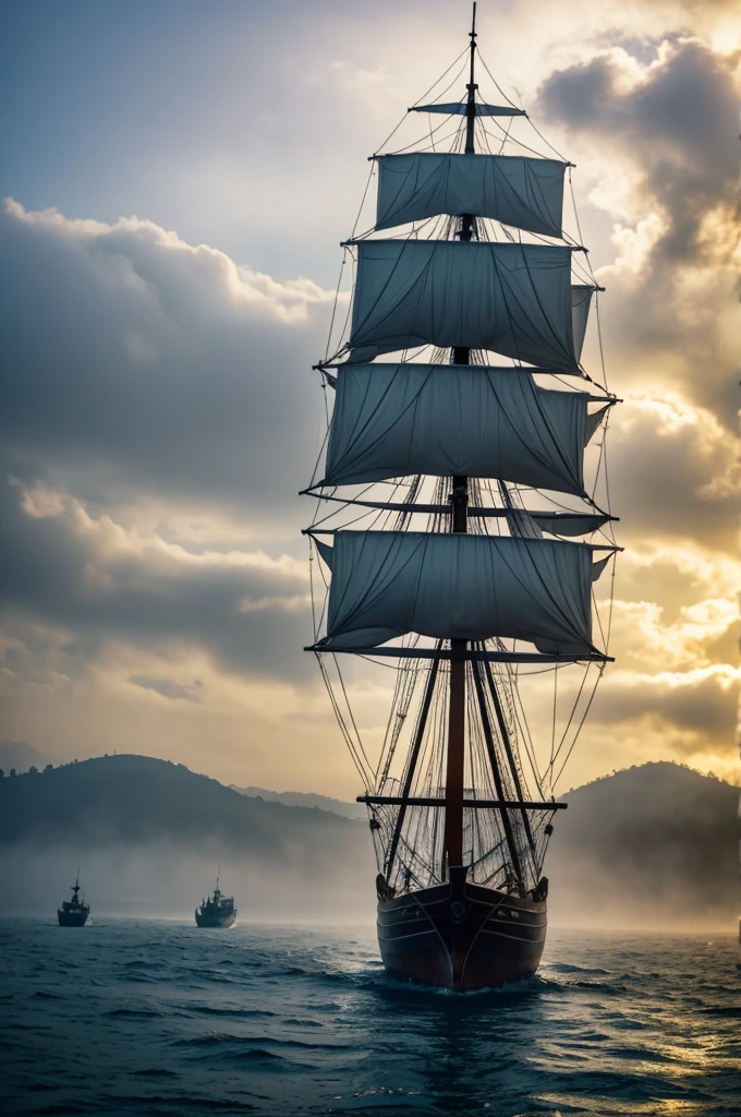 Ship setting sail in foggy place doto ancient