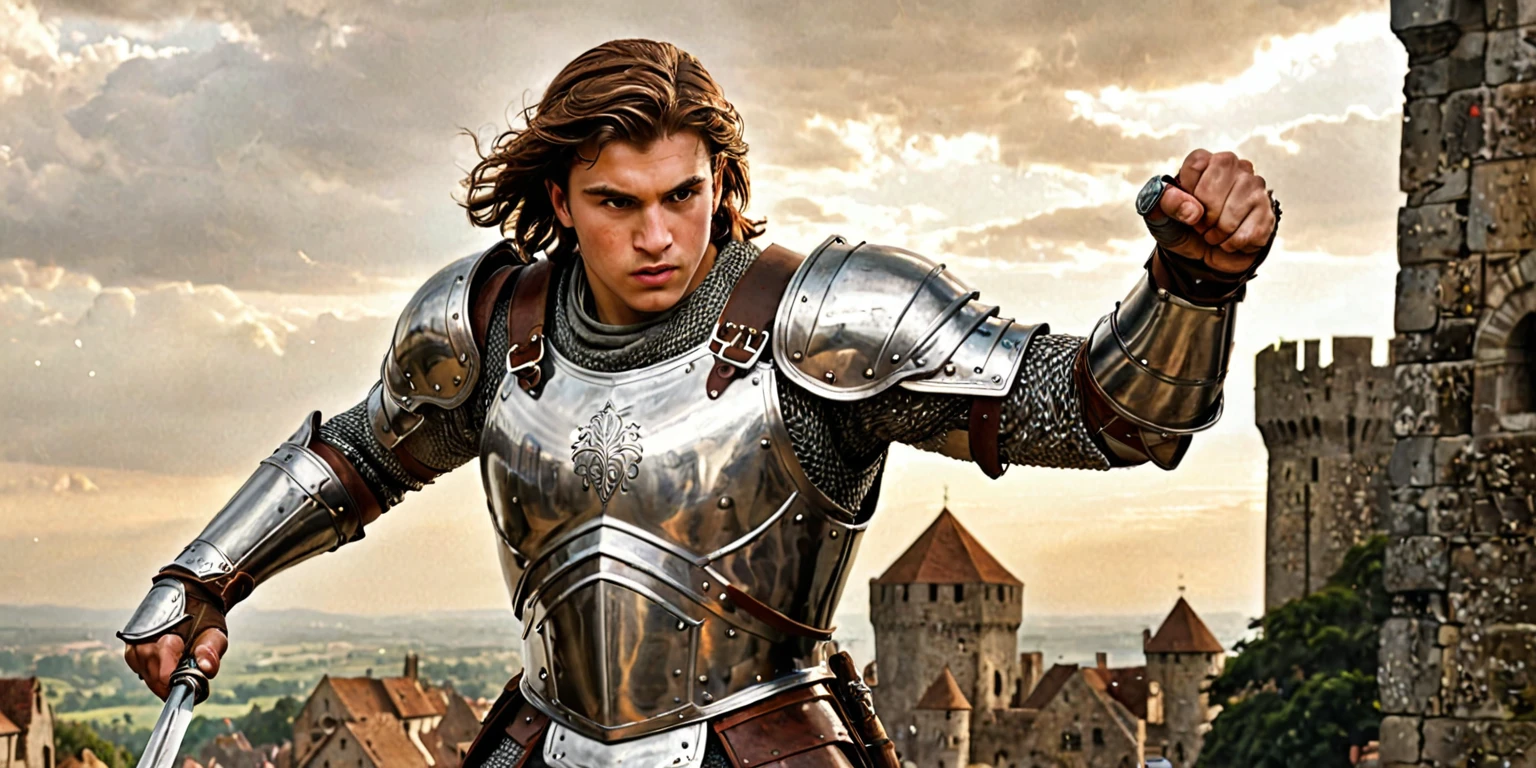 ((melhor qualidader)), ((trabalho de arte)), (detalhado) It was a fantastic medieval era, a 19-year-old warrior man, white, strong, medium brown hair, with his plate armor broken, fighting against a 200 meter tall colossus, holding the colossus's punch with both hands, with all his strength. strength, in fury