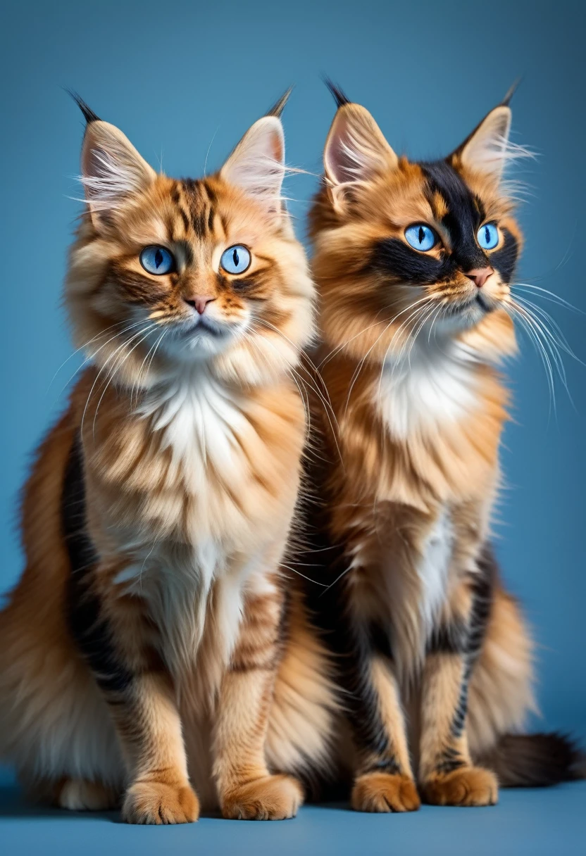 Two adorable cats, one big and one small, both with fluffy black and orange fur and fascinating blue eyes. They sit together, with their pointed ears alert and curious, on a plain background that allows its unique features to shine.