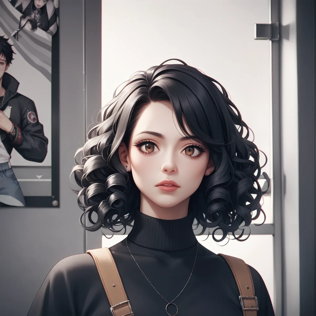 Create a 3/4 size movie poster (monochrome boichi style) with the title "yaluta club" and the movie's release date 01 / 02 / 2025. a girl in a sweater with her curly hair tied up and a girl with light brown eyes and dark curly hair, and a boy with messy black hair.