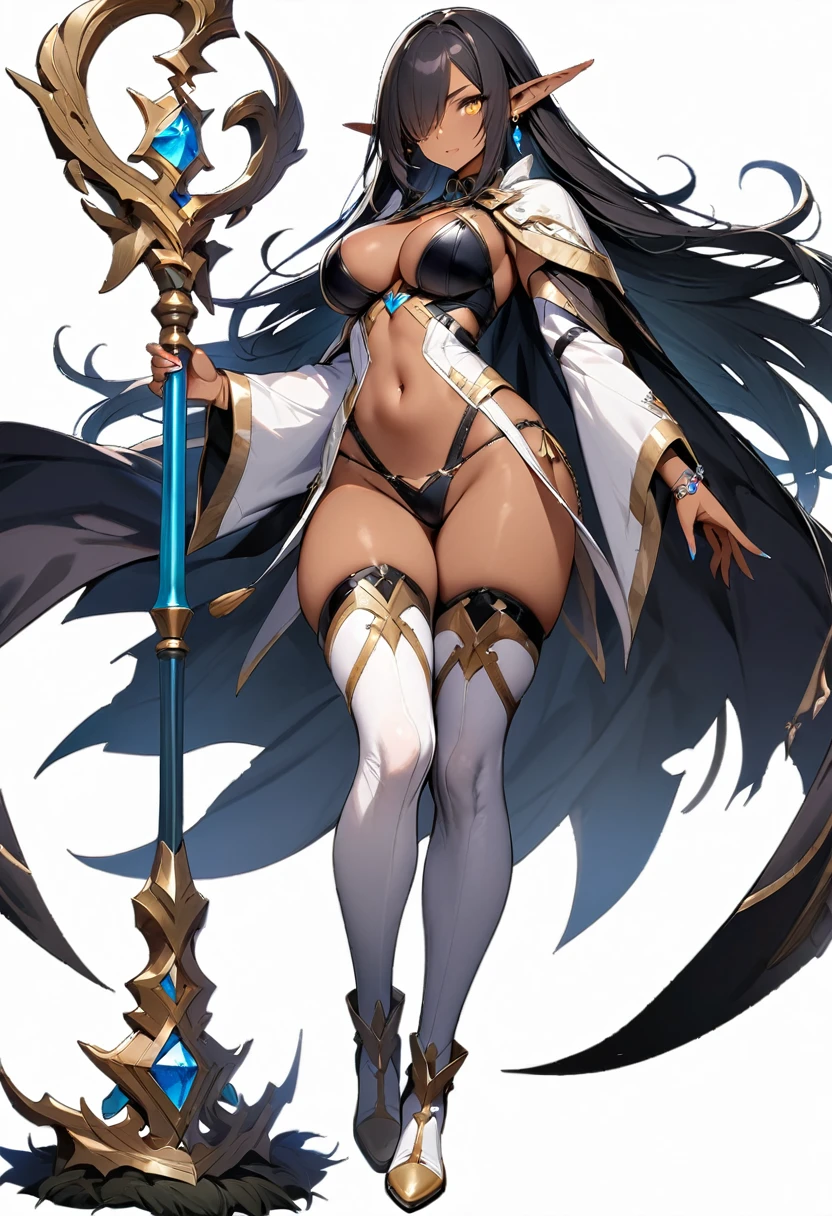 (masterpiece:1.2), (highest quality:1.2), 1girl, solo, pointy-ears, dark-skin, , dark-skinned-female, staff, transparent-background, dark-elf, large-breasts-hair, cape, elf, earrings, full-body, jewelry, tattoo, thighhighs, hair-over-one-eye, very-long-hair, navel, yellow-eyes, high-heels, boots, underwear, cleavage, lookiewer, holding, panties, revealing-clotanding