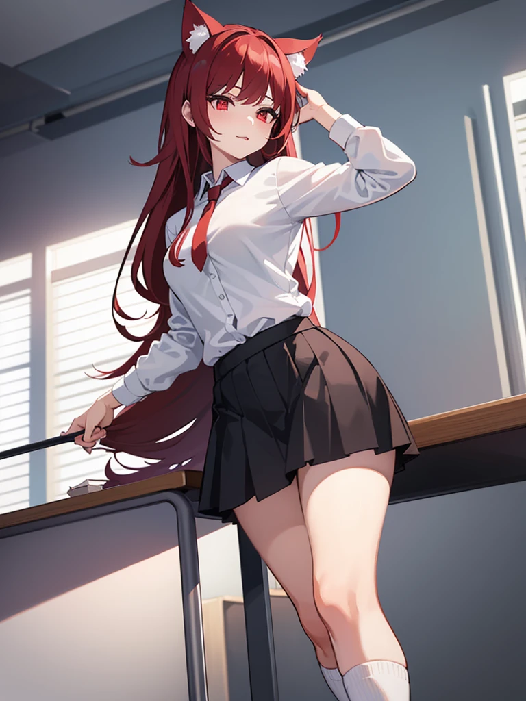 1girl ,female teacher,Sexy face,White shirt,Short black skirt,Long socks,Mediation ,Red poetry,long hair,Red eyes,Cat ears,Standing,classroom, arousing