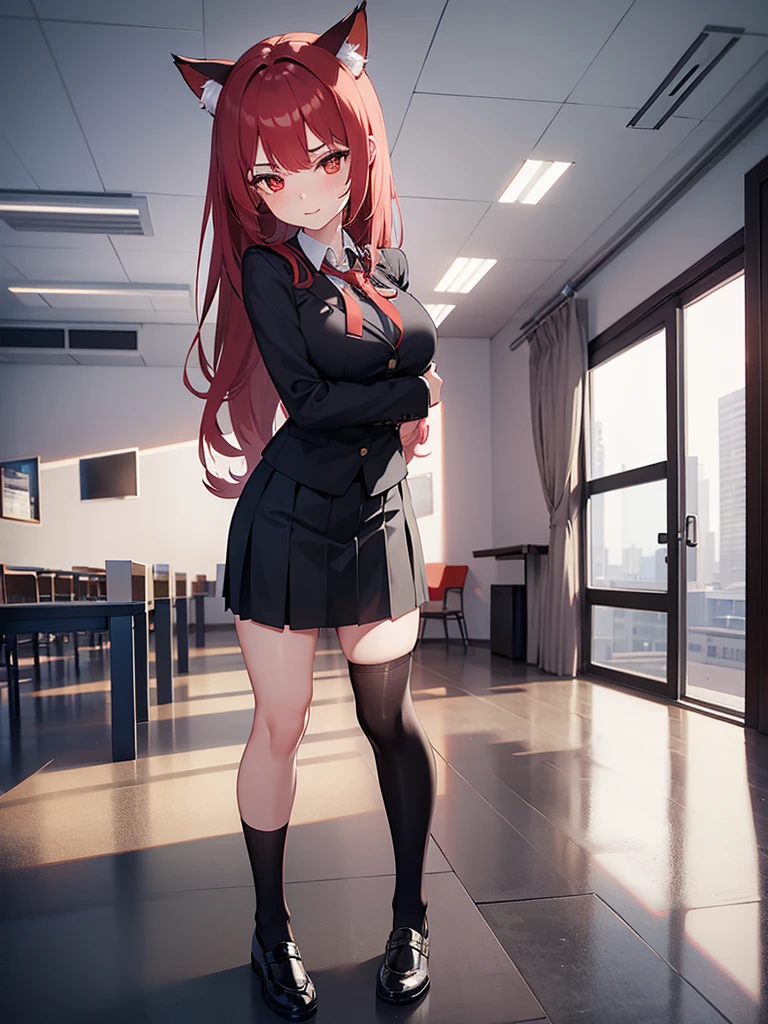 1girl ,female teacher,Sexy face,White shirt,Short black skirt,Long socks,Mediation ,Red poetry,long hair,Red eyes,Cat ears,Standing,classroom, arousing