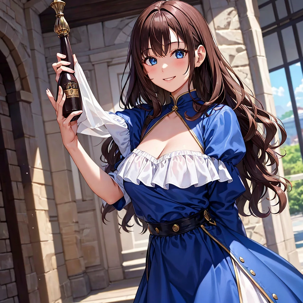 girl with wavy chestnut hair。blue eyes。A glamorous figure of a -yeld、Weng a blue medieval dress。Bright smile。頭にリボン