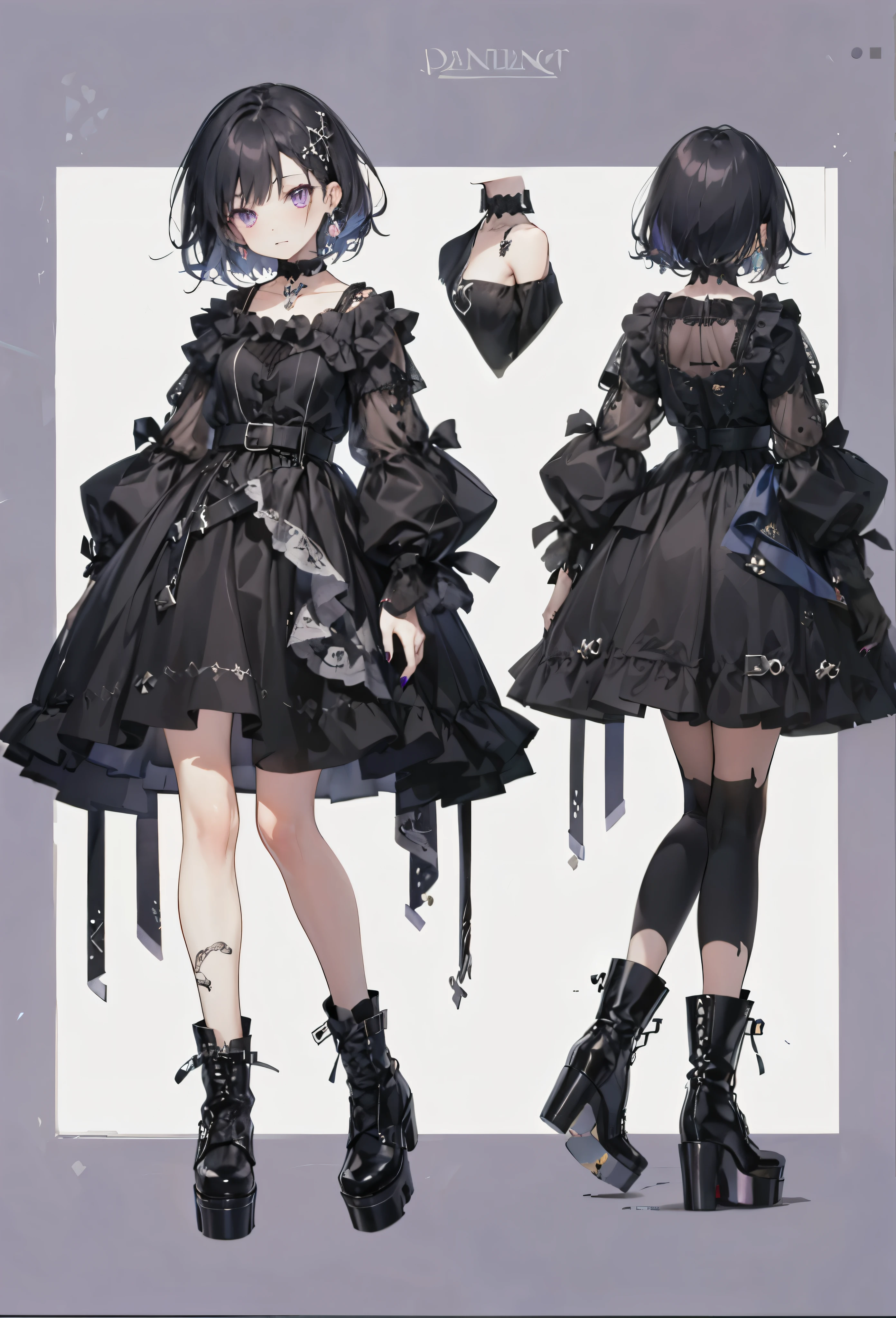 illustration of two characters in different clothes, one of them is made in Gothic style, 1 girl, purple eyes, black hair, jewelry, black nails, dress, boots, Platform shoes, several views, earrings, black dress, short hair, belt