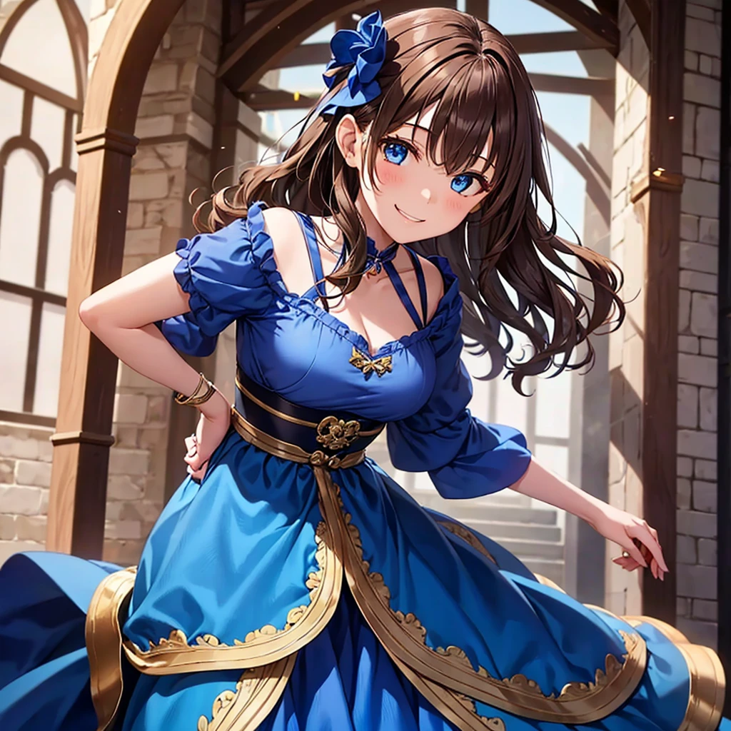 girl with wavy chestnut hair。blue eyes。A glamorous figure of a 15-year-old、Wearing a blue medieval dress。Bright smile。頭にリボン
