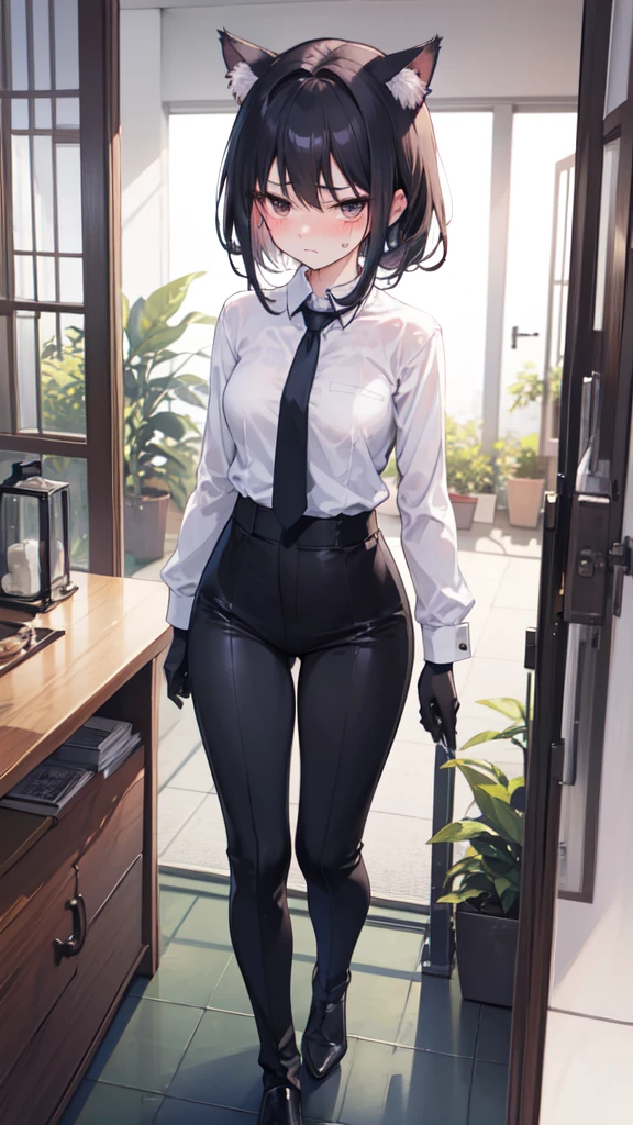 18-year-old Shota,cute,Wear a white long-sleeved shirt and a black work tie,Wear black pants,Wear black booties,Wear white gloves,wear cat ear,Wearing a collar,Black hair,Black eyes,Very thin waist,Very thin legs,Handsome,Disdainful and cold expression,shy,blush,Sweating,porn,Is giving sexual assault,Glove removal action
