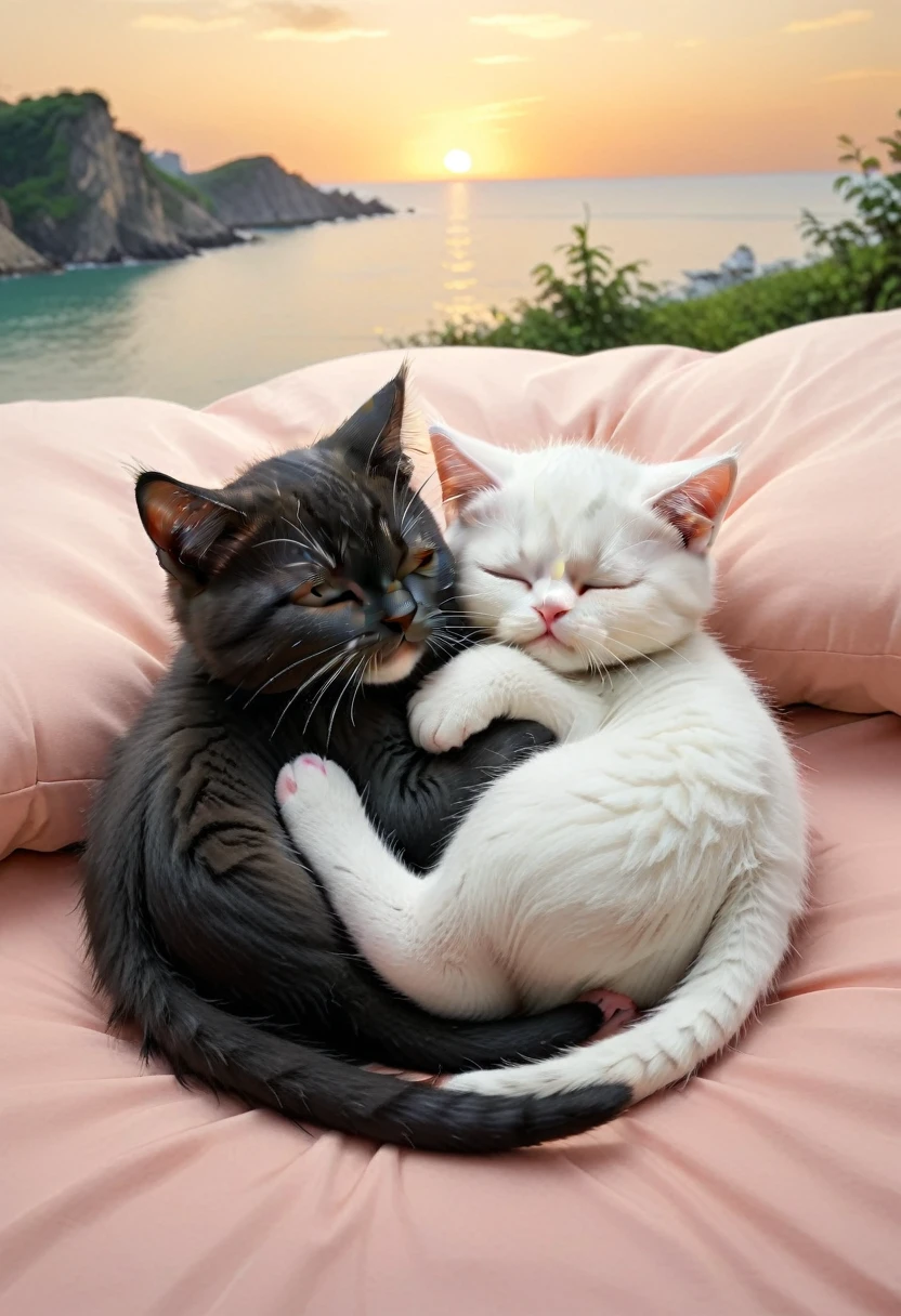With the sunset in the background,(masterpiece:1.2, high quality), Sleeping together2Kittens、