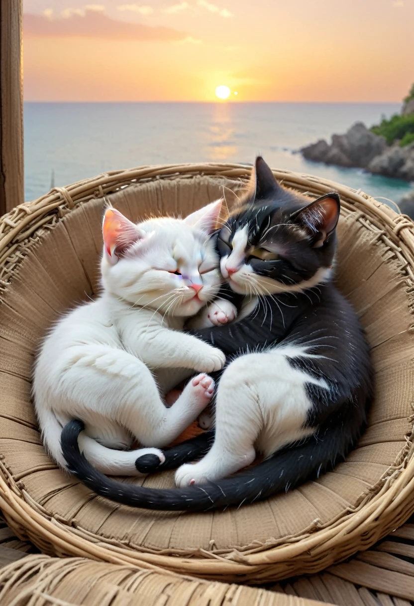 With the sunset in the background,(masterpiece:1.2, high quality), Sleeping together２Kittens、