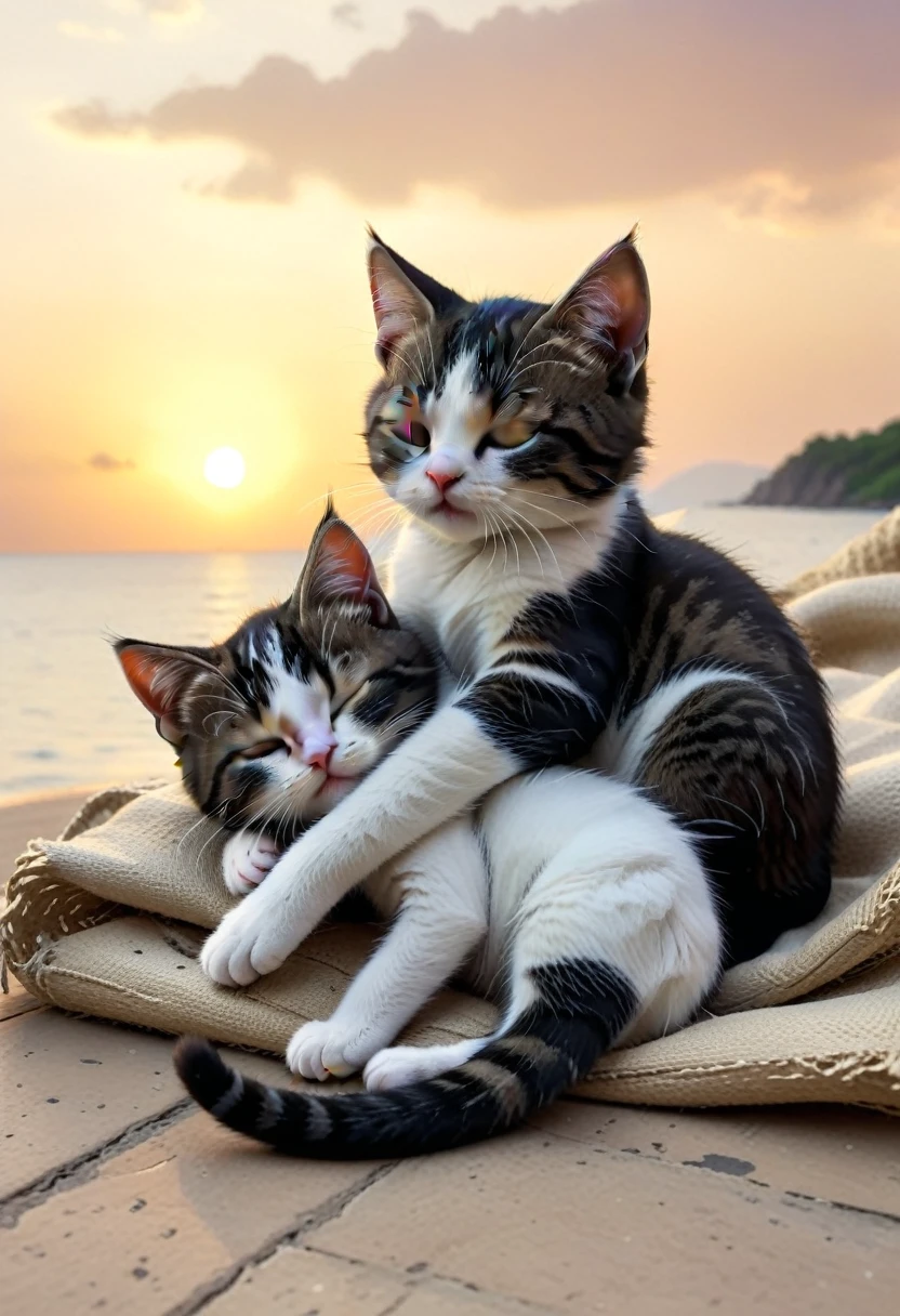 With the sunset in the background,(masterpiece:1.2, high quality), Sleeping together2Kittens、