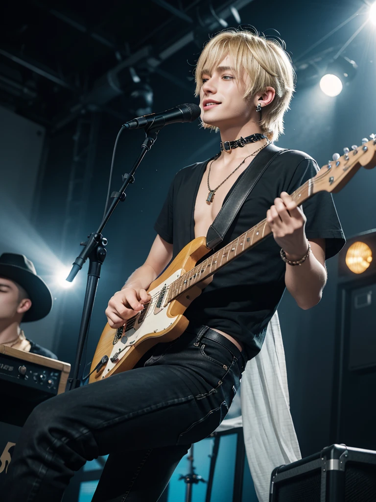 1 european man, 25 years old, blonde hair, aurora, look at the camera, 1boy, bangs, bishounen, black nails, black pants, black shirt, blonde hair, choker, closed mouth, collar, concert, earrings, electric guitar, feet out of frame, fishnet top, fishnets, glint, guitar, holding, holding instrument, holding microphone, instrument, jewelry, lens flare, looking at viewer, male focus, medium hair, microphone, microphone stand, music, necklace, pants, playing instrument, shirt, smile, solo, stage, stage lights, standing, thigh strap, torn clothes, torn pants, 