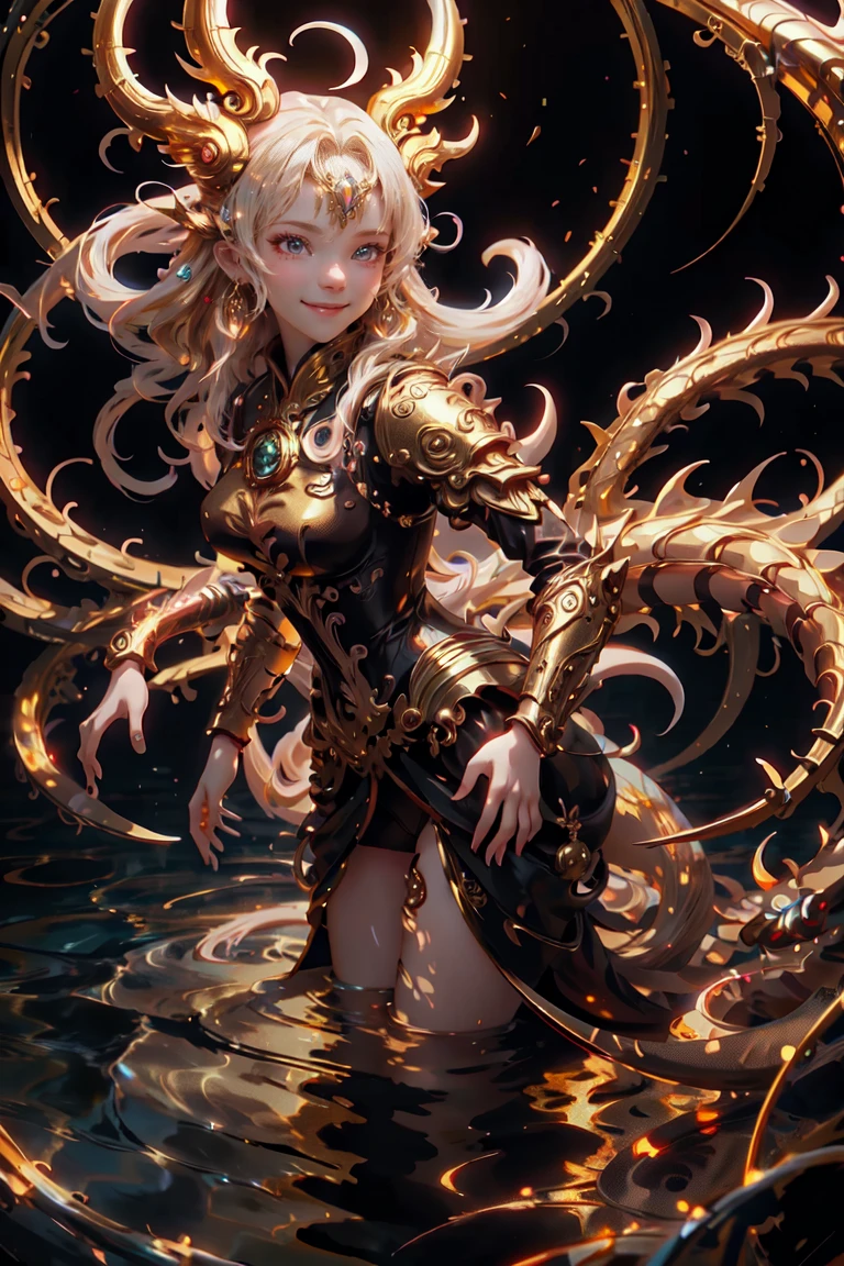 anime with long hair and red dress standing in the water with a big golden dragon, 4K anime art wallpaper, 8K anime art wallpaper, anime fantasy artwork, 4k fantasy artwork, 坏蛋动漫8 K, epic anime art, detailed art of onmyoji, anime fantasy illustration, inspired by Naomi, 4K anime-style, gold accents