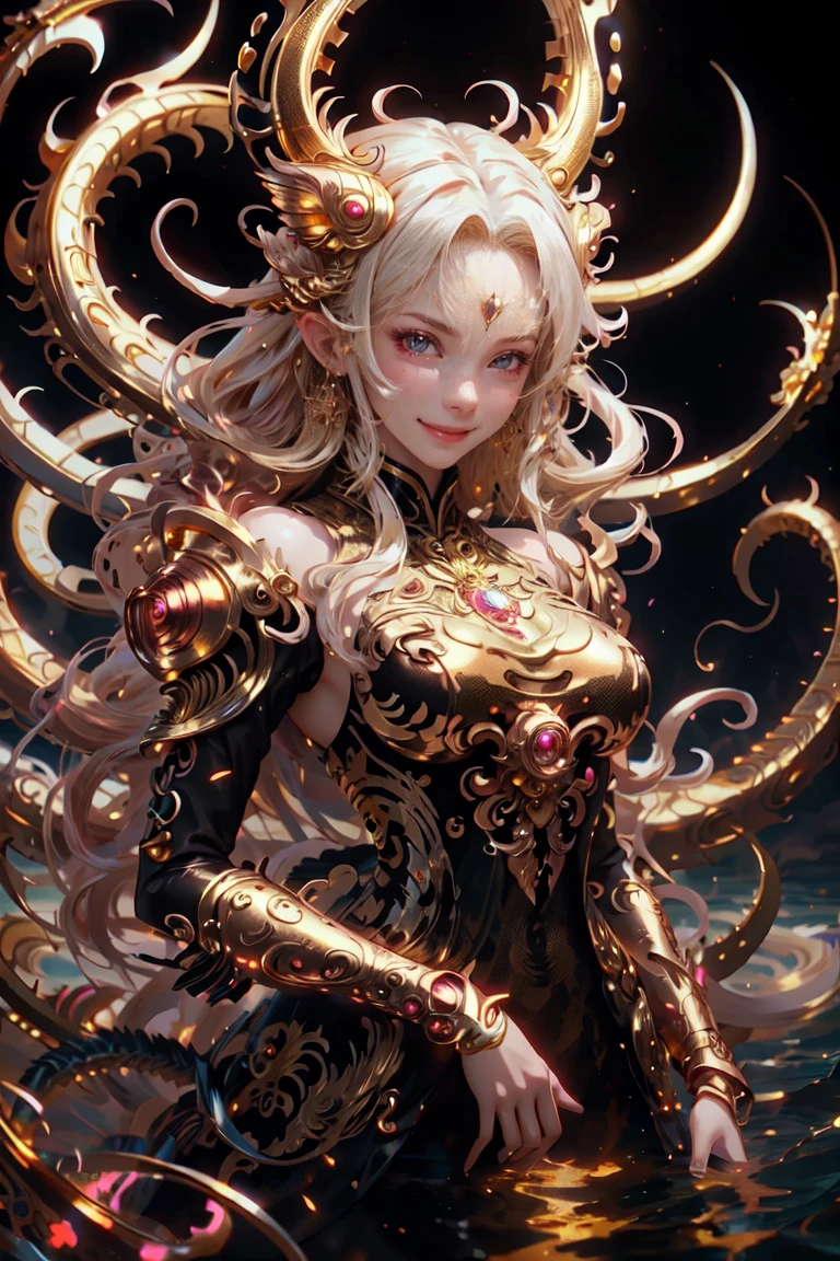  anime with long hair and red dress standing in the water with a big golden dragon, 4K anime art wallpaper, 8K anime art wallpaper, anime fantasy artwork, 4k fantasy artwork, 坏蛋动漫8 K, epic anime art, detailed art of onmyoji, anime fantasy illustration, inspired by Naomi, 4K anime-style, gold accents