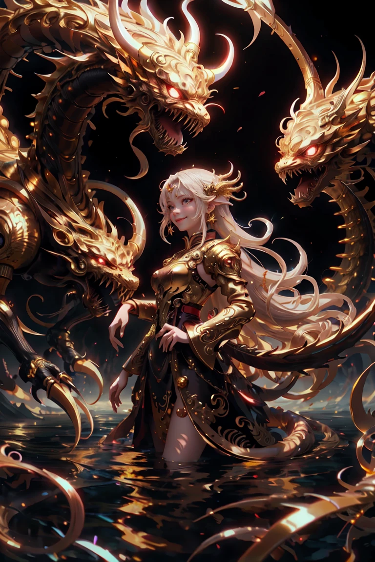 anime with long hair and red dress standing in the water with a big golden dragon, 4K anime art wallpaper, 8K anime art wallpaper, anime fantasy artwork, 4k fantasy artwork, 坏蛋动漫8 K, epic anime art, detailed art of onmyoji, anime fantasy illustration, inspired by Naomi, 4K anime-style, gold accents