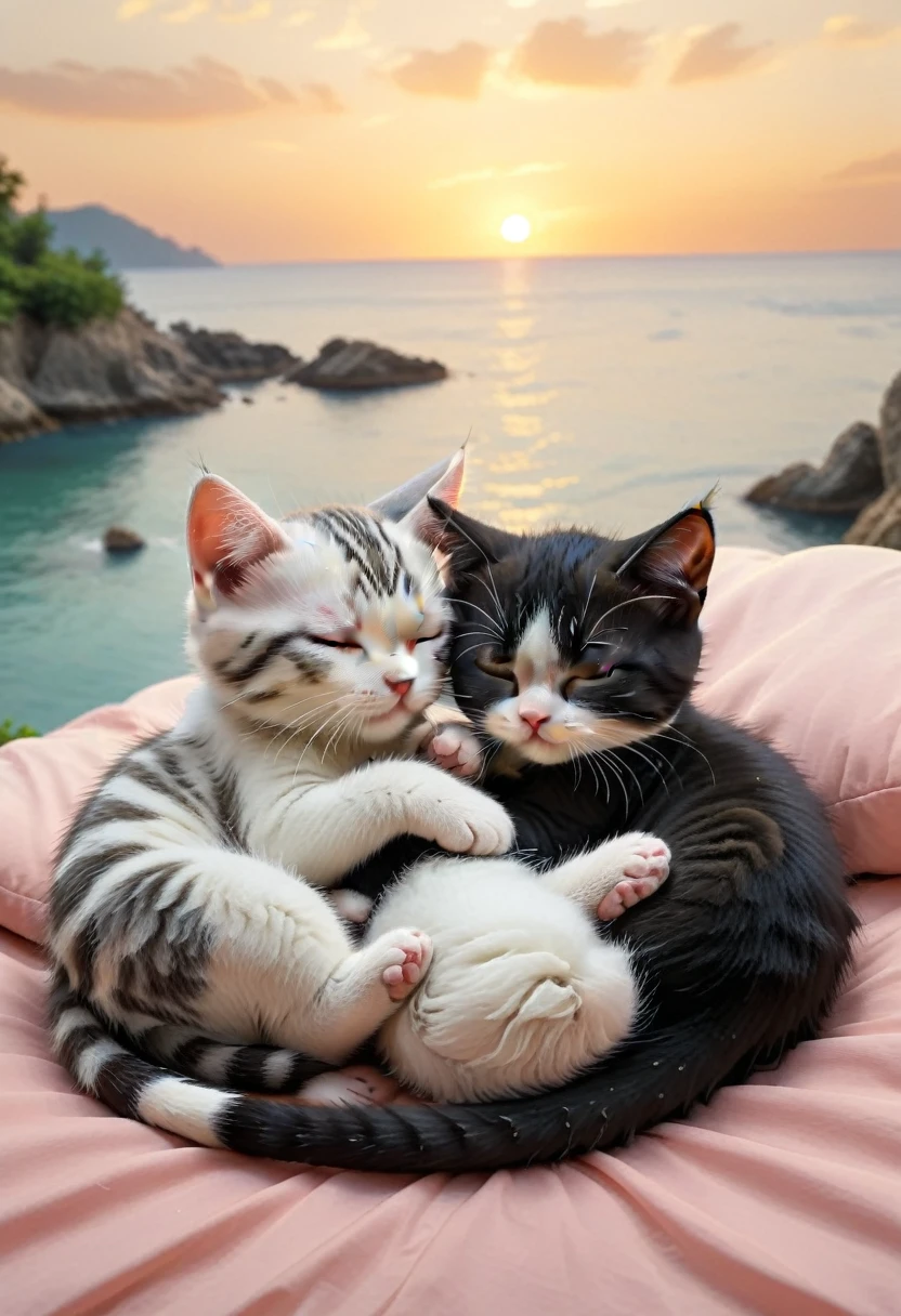 With the sunset in the background,(masterpiece:1.2, high quality), Sleeping together2Kittens、