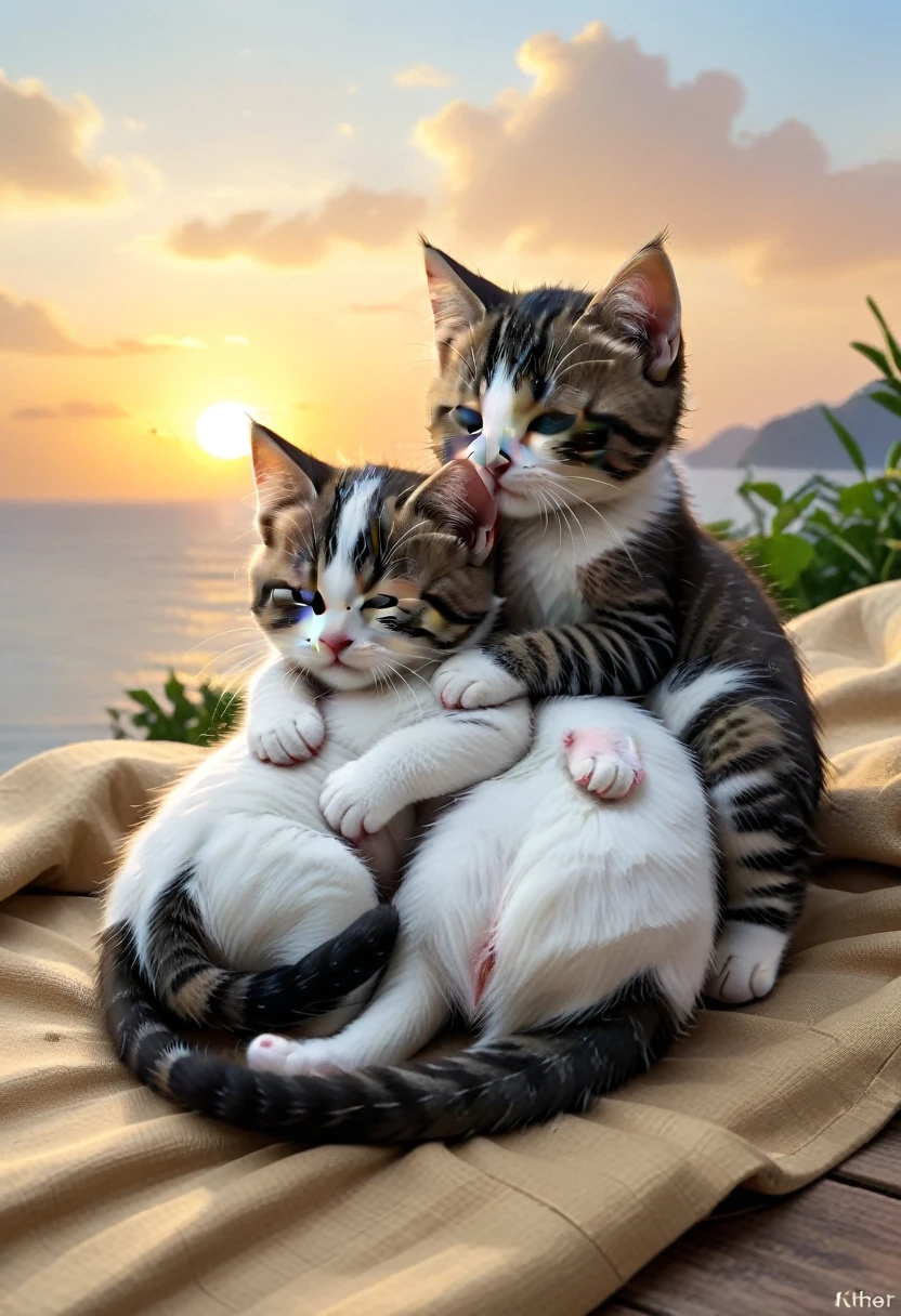 With the sunset in the background,(masterpiece:1.2, high quality), Sleeping together2Kittens、