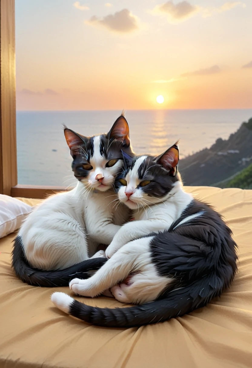 With the sunset in the background,(masterpiece:1.2, high quality), Sleeping together２Kittens、