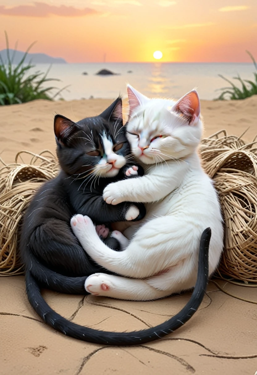 With the sunset in the background,(masterpiece:1.2, high quality), Sleeping together2Kittens、