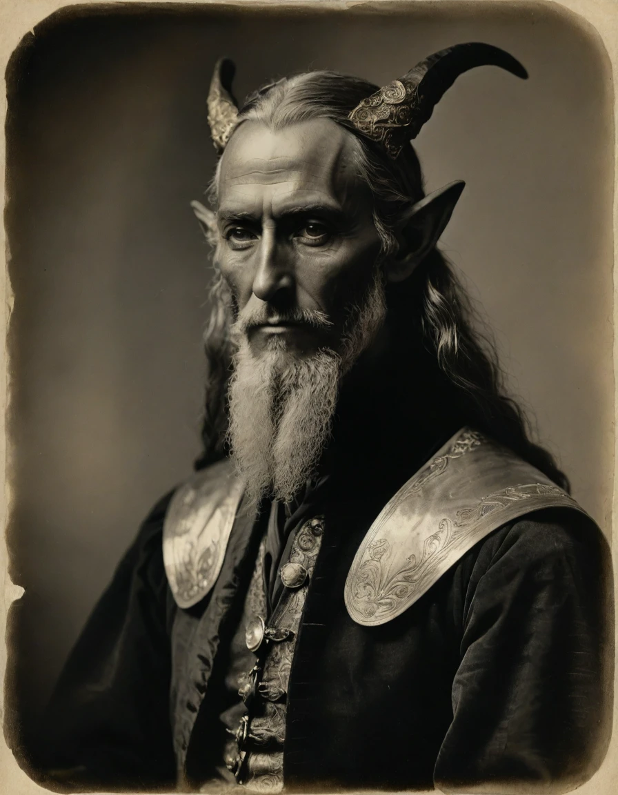 (((Masterpiece, daguerreotype on old paper, monochrome))), by Moebius, by Théodore Géricault, the composition is: ((25 year old male Babylonian high elf scientist, elf ears, long Mesopotamian beard, sullen, arrogant, magnificent, he is wearing futurist brass scientist costume)).