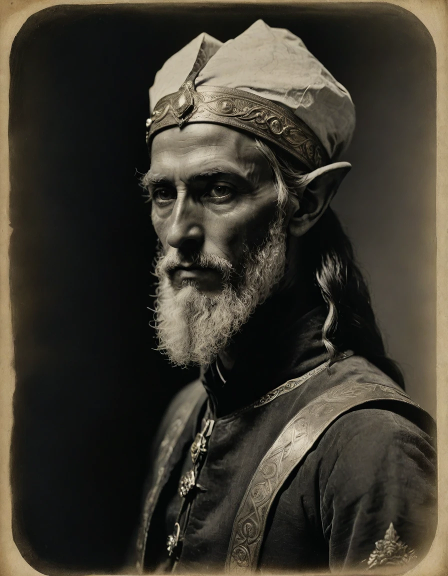 (((Masterpiece, daguerreotype on old paper, monochrome))), by Moebius, by Théodore Géricault, the composition is: ((25 year old male Babylonian high elf scientist, elf ears, long Mesopotamian beard, sullen, arrogant, magnificent, he is wearing futurist brass scientist costume)).