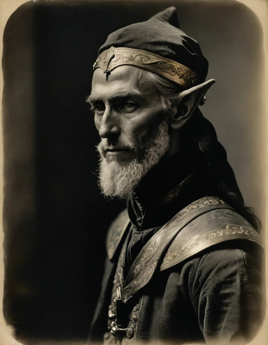 (((Masterpiece, daguerreotype on old paper, monochrome))), by Moebius, by Théodore Géricault, the composition is: ((25 year old male Babylonian high elf scientist, elf ears, long Mesopotamian beard, sullen, arrogant, magnificent, he is wearing futurist brass scientist costume)).