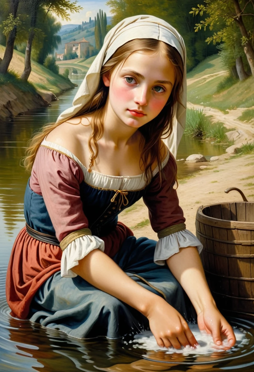 The portrait of a beautiful young peasant girl from the 14th century taking a bath while washing her clothes in the river. All with the style of Giovanni Belinni, an oil painting on panel.