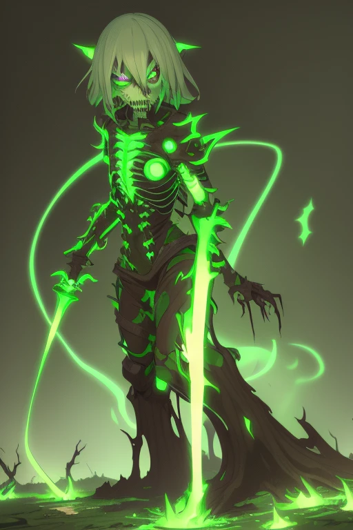 Undead skeletal zombie with open chest with a fungus inside Neon green with sprouts and roots covering the body Neon green eyes Destroyed ranger clothing Dirty arms covered by roots and legs with blisters covering his body Background of a radioactive swamp blood toxic neon green look at us facing the viewer