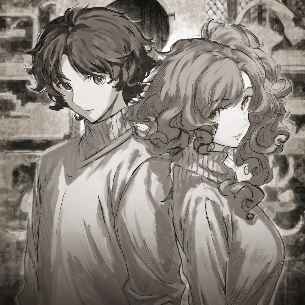 Create a 3/4 size movie poster (monochrome boichi style) with the title "yaluta club" and the movie's release date 01 / 02 / 2025. a girl in a sweater with her curly hair tied up and a girl with light brown eyes and dark curly hair, and a boy with messy black hair.