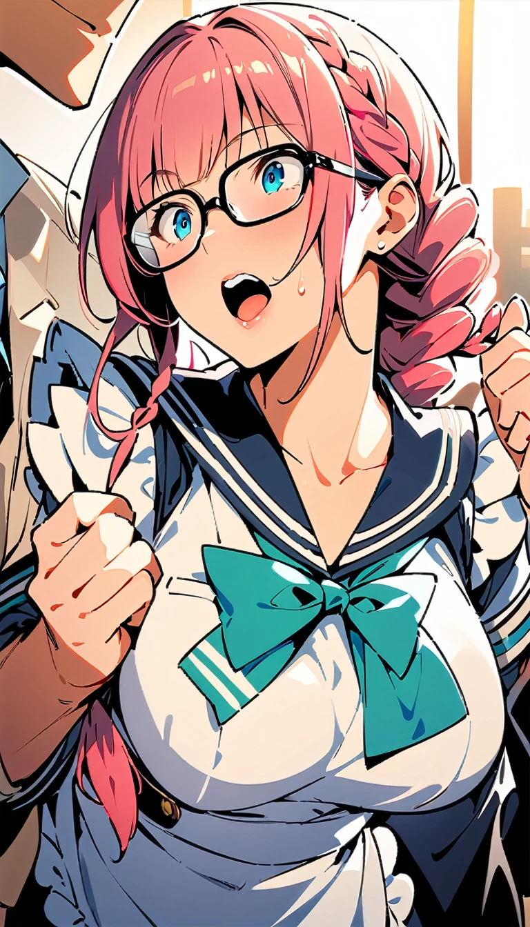 (high quality, 8K, 4K, High Contrast, masterpiece:1.2最high quality, Best aesthetics), (Dynamic Angle), ((1 female)), erotic, sexy, Mature Body, ＪＫ, , Braiding, Glasses, sexyなlips, Excited, chairman, Sailor suit:1.2, Open your mouth., (Best image quality),(Hair is pink、Drill Twin、Maid clothes）,(Master&#39;s Work),(Super detailed),(詳細なeyeの描写:1.0),(Lens flare:1.0),(Movie Posters:1.0),(Tarot Border:1.0),Portraitureは中央に配置されます,(close:1.0),(nagative space:0.8),(Negative space:1.6),(alone),(colorfulに浮かぶ {Wind|Water magic|ink|crystallizations|ice|fire|inflammation|lightning|web|rock|sand|particle|光のfire花|Blood}:1.0),(colorfulなものが多い {Soap bubble|cloud|Thorn|spike|Grapevine|current|spiral|barely|wing|Tattoo|Cube|octahedron}:1.0),(floating {red|green|green|Aqua|purple|yellow|black|white|gray|Pink|orange|lime} {ribbon|Fater|particle|blade|water滴|Snow Flower|soft ball}:1.0),({crystallization|ice|fire|inflammation|Wind|water|Earth|stone|space|musical|Sonic|Vortex} {magic|wing}:1.0), ({Ray Tracing,Shine|Speckled sunlight,light,Caustics|night,Black Theme|mysterious,Creepy|easy going,pastel}:1.2), ({colorful|Sparkling|Multicolor}:1.0),(Beautiful sparkle:1.0),({Leaning forward|Lean back|Tilt to the side|}:1.2),{(smile:1.0)|(False Smile:1.0)|(Stern expression:1.0)},({small|small||lips,eyelash}:1.0),{(Open your mouth:1.0)|(Mouth closed:1.0)|},({eyelash|eye shadow||}),{片eyeを閉じて|||},(),({From below|From above|From the side From the side|From behind|Face-to-face viewer}:1.3),(Hello:1.3),(Tilt your head:1.0),(Dynamic pose:1.1),,({red|green|green|Aqua|purple|yellow|black|white|gray|Pink|orange|lime} {armor|dress|Collared shirt|suit|Costume}:1.0),({formal|army|Techwear|Urban style|casual,casual clothes|Fantasy,Magister|wild,Tribe|sf,Futuristic}),({Checked skirt|Layered skirt|Fluffy dresses|tights|pants|Shorts}),({red|green|green|Aqua|purple|yellow|black|white|gray|Pink|orange|lime} {eye|eye|student}:1.4),,,,{Length jacket|Blazer jacket|Cape|sweater|tie||},{(Floating Cape:1.0),|}({Fox Ears, Fox Girl|吸Blood鬼, Bat Wings|Pointed Ears,(Fairy:0.5)||}:1.1),({Abstract background|city,Skyscraper|forest,garden|city|shrine|cave,underground|Swamp|lake|winter|Alien planets|}:1.4),({indoor,internal|屋outside,outside}:1.1),,({Sitting|flight|Jump|lay|Are standing|Are standing on one leg}:1.1),({Skin of color|white skin|green skin|greenwhiteい肌|By thing|Shiny skin|blackい肌||}:1.1),({Full Body Lesbian|Upper Body|Portraiture|}:1.25),{tooth, 皮のtooth|Tongue Stock|Frowning|lipsを噛む|Thinking|||||}, {虚ろなeye| student in symbol shapes, Heart-shaped student| Slit pupil, + +|||||}, (pink hair, twin tails twin drill, show your forehead, blue eyes, White frilled white headband, slanted eyes, smile, long sideburns, curled bangs, neck ribbon, Forehead, amount),

