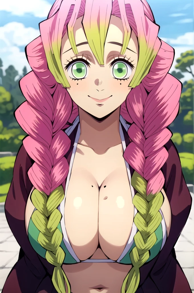(masterpiece, best quality), intricate details,
MitsuriKanroji, kanroji mitsuri, 1girl, solo, upper body, sky, long hair, smiling, green eyes, pink hair, braid, outdoors, green hair, mole, blurry, twin braids, mole under eye, parody, portrait, close up, large breast, huge breasts, bikini top, headshot, collarbone, neck, bare shoulders