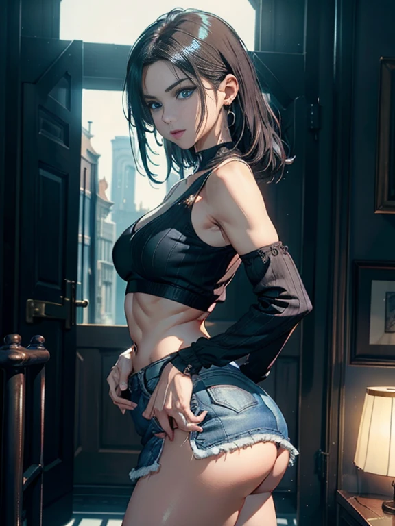 incomparable masterpiece, 8k ultra realistic cg, perfect work of art, (1 girl:1.1) , Alone, ((perfect female figure)), (NSFW), looking at the viewer, mature woman, bimbo (Android 18) standing, (joke), Best Quality:1.1 , postura seductivea, pose sexy, seductive, (beautiful), (curves), (Thick), by rubio, (Blue eyes:1.2), short hair, earrings, jewelry, denim dress, open vest, black pantyhose, black shirt, denim skirt, striped long sleeves, blue skirt, toned legs, fit, (ABS:1.1), (Big butt:1.4), peach ass, (athletic body:1.2), (large old:1.3, (Big_old:1.1), broad_hips:1.5, narrow waist, small waist:1.5, Skinny body:1.2, Thick thighs:1.3), (shiny skin:1.2), (HDR), (street:1.2), Nikon D850 Film Stock Photography Kodak Portra 400 f1 Camera.6 lenses, rich colors, realistic texture, dramatic lighting, unreal engine, trend on Artstation, by gerald brom, For Frank Frazetta, by Luis Royo, by Julie Bell, by boris vallejo

