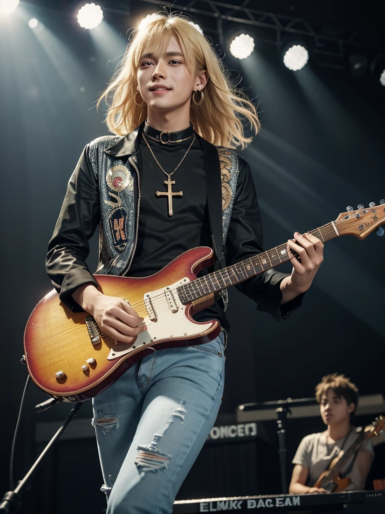 1 european man, 25 years old, blonde hair, aurora, look at the camera, 1boy, bangs, bishounen, black nails, black pants, black shirt, blonde hair, choker, closed mouth, collar, concert, earrings, electric guitar, feet out of frame, fishnet top, fishnets, glint, guitar, holding, holding instrument, holding microphone, instrument, jewelry, lens flare, looking at viewer, male focus, medium hair, microphone, microphone stand, music, necklace, pants, playing instrument, shirt, smile, solo, stage, stage lights, standing, thigh strap, torn clothes, torn pants, 