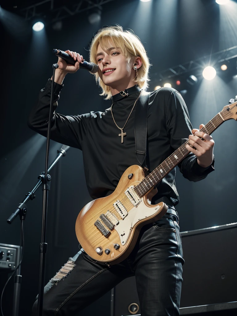 1 european man, 25 years old, blonde hair, aurora, look at the camera, 1boy, bangs, bishounen, black nails, black pants, black shirt, blonde hair, choker, closed mouth, collar, concert, earrings, electric guitar, feet out of frame, fishnet top, fishnets, glint, guitar, holding, holding instrument, holding microphone, instrument, jewelry, lens flare, looking at viewer, male focus, medium hair, microphone, microphone stand, music, necklace, pants, playing instrument, shirt, smile, solo, stage, stage lights, standing, thigh strap, torn clothes, torn pants,