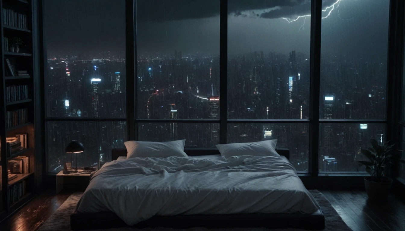 Moody aesthetic, Beautiful and cozy, Small bedroom with floor-to-ceiling glass windows overlooking a cyberpunk city at night, View from the top of the skyscraper, White bed sheets, Bookshelf, Outside there is a thunderstorm and heavy rain, detailed, High resolution, Realistic, dark, dark