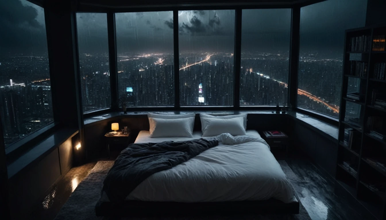 Moody aesthetic, Beautiful and cozy, Small bedroom with floor-to-ceiling glass windows overlooking a cyberpunk city at night, View from the top of the skyscraper, White bed sheets, Bookshelf, Outside there is a thunderstorm and heavy rain, detailed, High resolution, Realistic, dark, dark