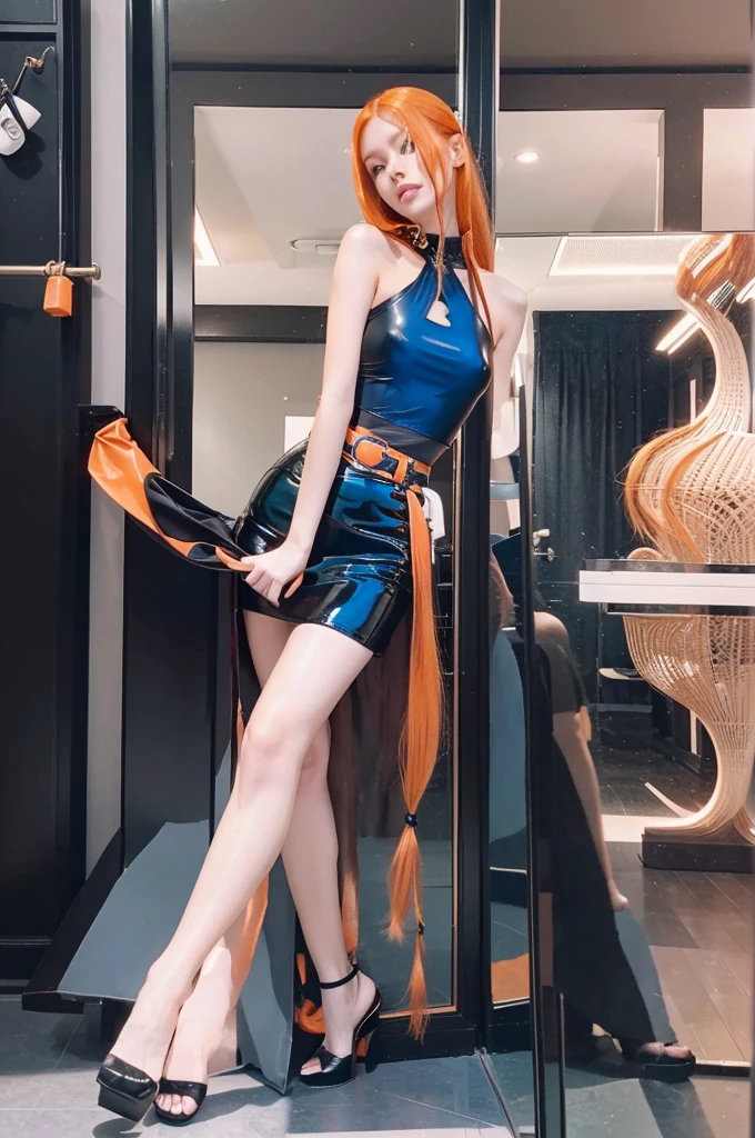 A Jennie wears a black top and black latex skirt and takes a photo in front of the mirror, He has very very long and intense orange hair, small waist, beautiful woman, Perfect woman, deep orange hair, Jennie has orange hair, Blackpink