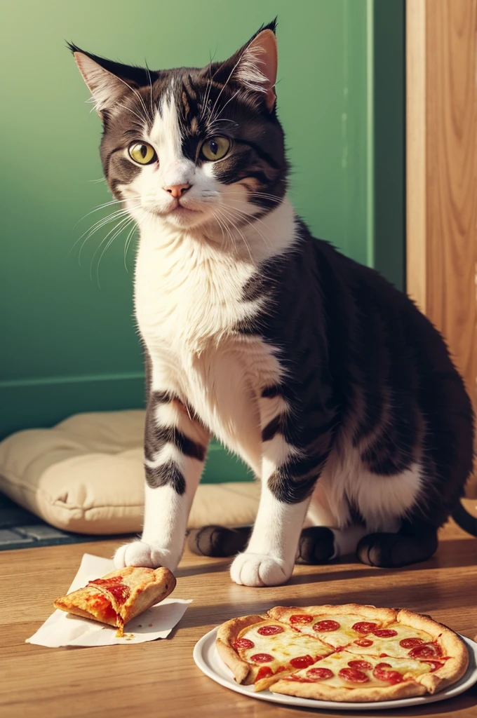 Cat holding a piece of pizza and drinking coke