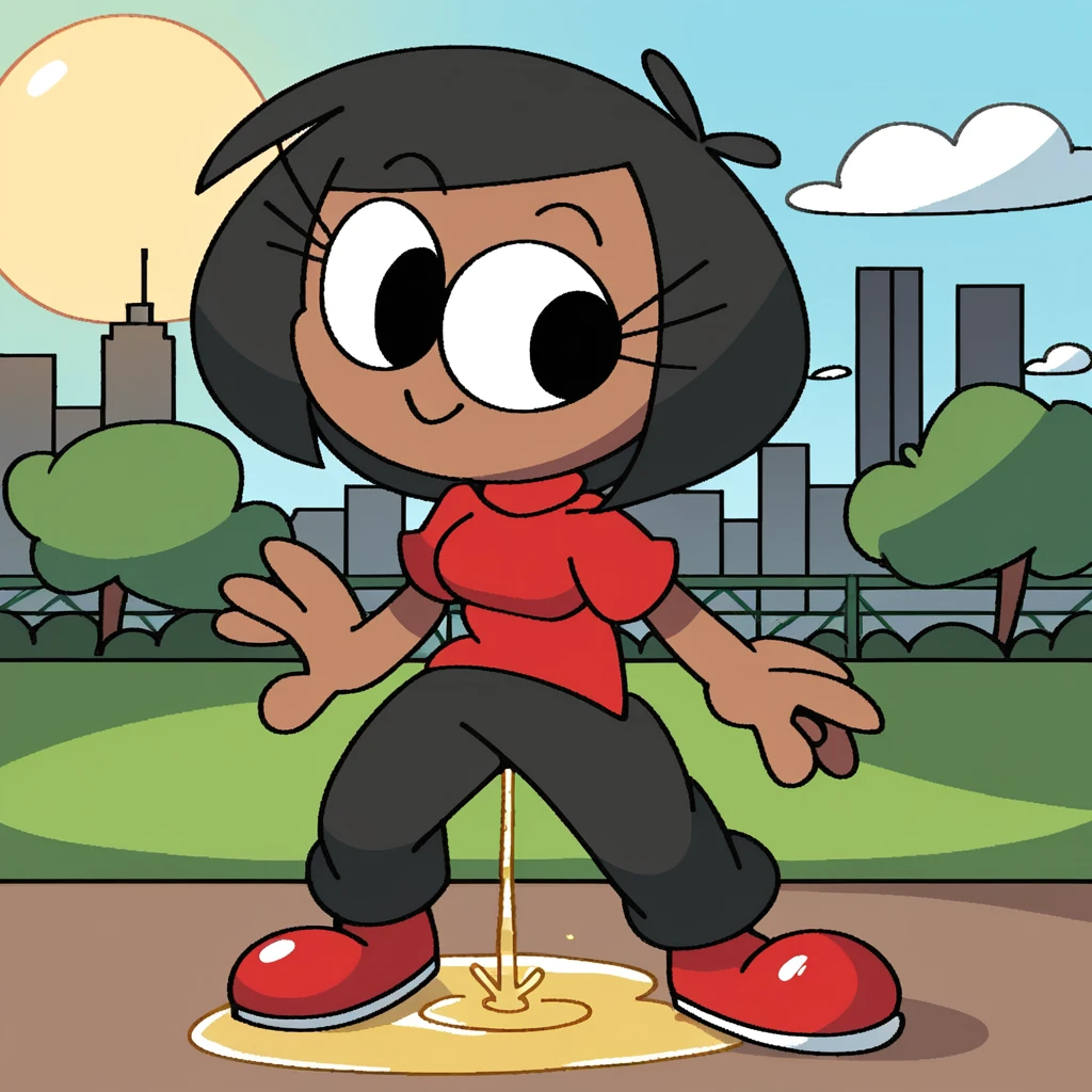 zPDXL, flat colors, cel shading, vector, shadows, clouds, source_cartoon, detailed background, green background, cityscape, park, sun, 1girl, solo, rob_(\vilepluff\), dark skin, eyelashes, medium breasts, black hair, bob cut, shiny skin, red shirt, grey pants, red shoes, standing, cowboy shot, looking at viewer, smile,  ((wetting self, pee stains, yellow puddle))